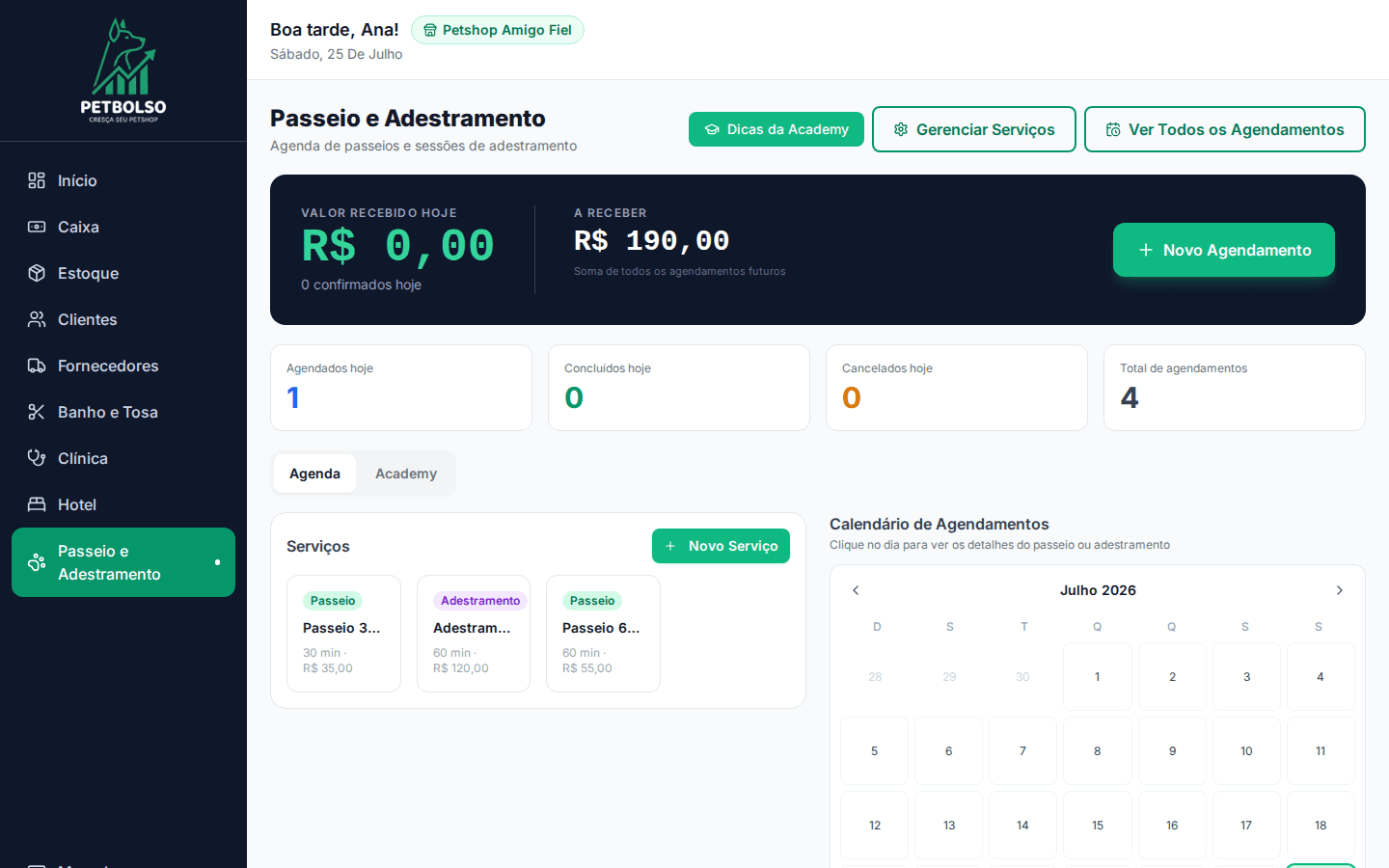 Tela do módulo Passeio e Adestramento no PetBolso